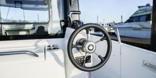 Photo of the cockpit steering wheel and controls